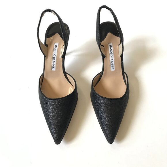 NIB NEW Manolo Blahnik Carolyne 70 Glitter Shoes Womens 37.5 Black Slingback 7.5 - Picture 3 of 14